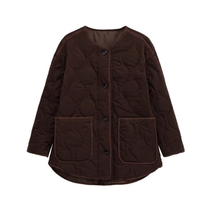 Women's dark brown quilted jacket with crew neck and large front patch pockets