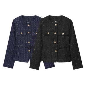Women Sequin Tweed Jacket Round Neck Gold Button Elegant Socialite Slim Fit Long Sleeve Short Outerwear Elegant Coat For Lady