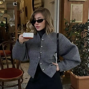 Women Elegant Round Neck Short Jacket With Silver Metal Buttons Lantern Sleeve Fashion Solid Color Casual Outerwear Coat