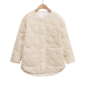 Minimalist cream white quilted jacket with round neck and large utility pockets