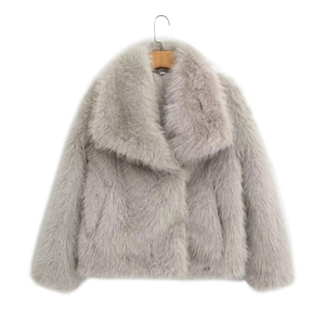 Short light gray faux fur coat with large collar and thick plush texture for women