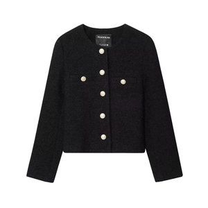 Classic black boucle tweed jacket for women featuring elegant gold embossed buttons