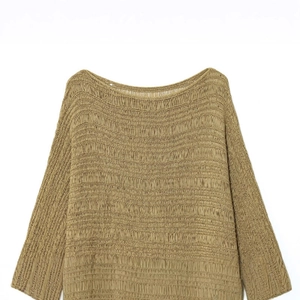 Chic khaki long sleeve knit sweater with openwork texture and elegant wide boat neck