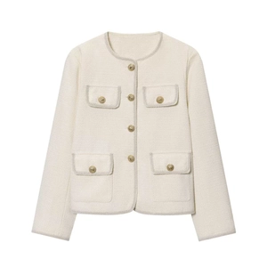 Classic white tweed jacket with gold buttons and contrast braided trim on white background