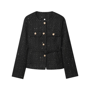 Elegant tweed jacket in black with golden sequins, round neck and metallic buttons