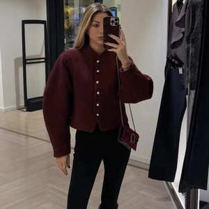 Chic burgundy round neck short jacket with puffy sleeves and silver button accents