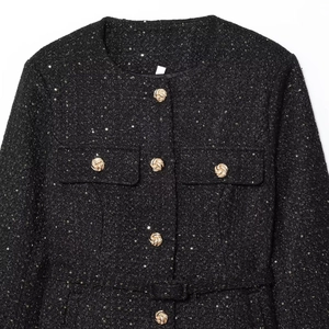 Classic black tweed jacket for women featuring sequin details and gold metal buttons