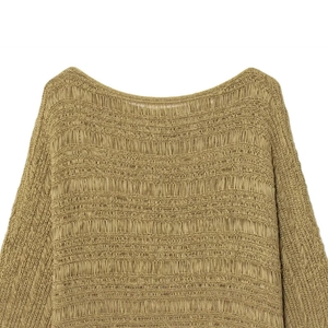 Chic khaki off-shoulder knit sweater with delicate openwork crochet texture