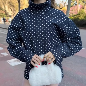 Polka dot windbreaker jacket and faux fur mini bag set for women in street style