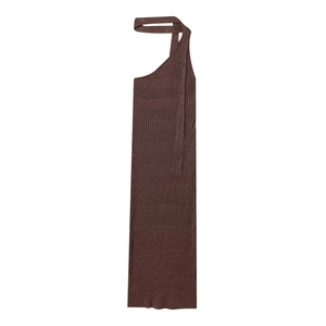 Brown metallic knit midi dress with asymmetrical neck halter and ribbed texture