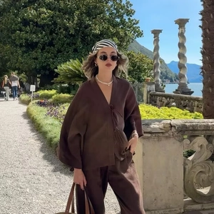Ensemble décontracté marron foncé pour femme avec haut kimono et pantalon large