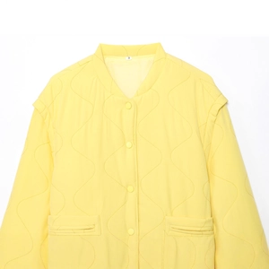 Front view of a minimalist bright yellow quilted jacket with diamond patterns and buttons