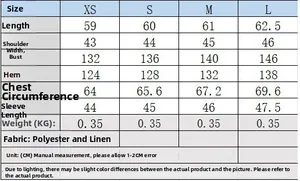 Detailed size chart for linen blend safari jacket showing measurements for XS to L sizes