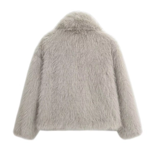 Detailed back view of a grey faux fur jacket with fluffy long hair and large collar