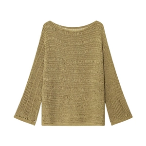 Women's boat neck knit sweater in khaki with long sleeves and hollow-out texture