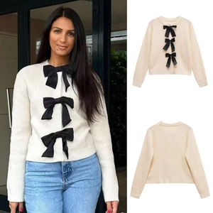 Cardigan Elegante in Maglia da Donna Con Tre Fiocchi Neri Manica Lunga Girocollo Slim Fit Top Decorato a Contrasto