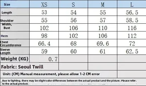 Detailed size chart for women pleated jacket with measurements in CM for XS to L