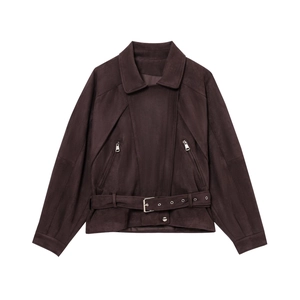 Braune Wildlederimitat Bikerjacke mit großem Kragen, Gürtel und silbernen Reißverschlüssen