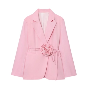 Blazer rose élégant pour femme avec fleur 3D décorative et cordon de serrage à la taille