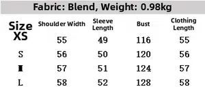 Detailed size chart for faux leather bomber jacket including shoulder and bust measurements