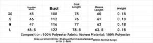 Tableau des tailles détaillé pour blazer drapé et pantalon évasé en tailles XS et S