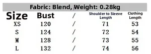 Detailed size chart for women's bomber jacket showing bust and sleeve length info