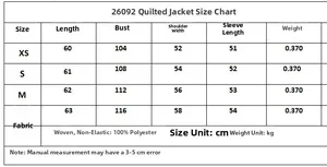 Guide des tailles pour veste matelassée brodée femme avec mesures détaillées XS-L