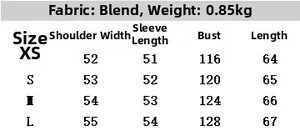 Detailed size chart for women's double-breasted jacket showing XS-L measurements in cm