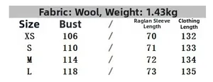 Size chart table for vintage wool coat with bust and length measurements in centimeters
