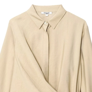 Khaki long sleeve lapel shirt with wrap-front draping detail and gold button accents
