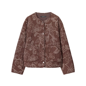 Veste Rembourrée Matelassée Broderie Florale Marron Vintage pour Femmes Coupe Large Col Rond Simple Boutonnage Manteau Chaud