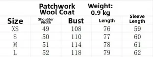 Detailed size chart for the color block wool coat including XS to L measurements