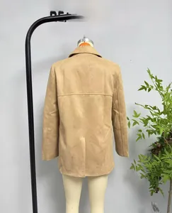 Rear view of camel faux suede jacket featuring back slit and horizontal seam detail