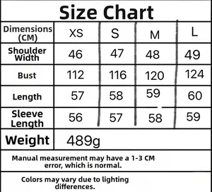 Detailed size chart for women jacket including shoulder, bust, and length in centimeters
