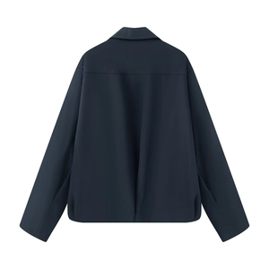 Rear view of deep blue casual jacket showing stitching detail and back panel construction