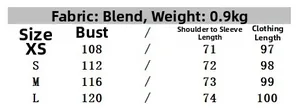 Size chart showing chest, sleeve, and length dimensions for loose casual trench coat
