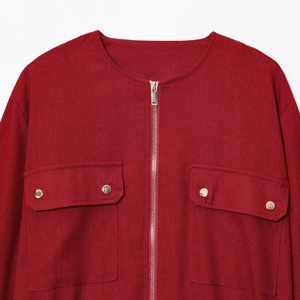 Deep red linen blend utility jacket with a round neck and silver zip-up front closure