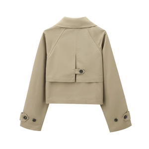 Back view of a khaki cropped trench coat with classic storm flap and adjustable sleeve cuffs