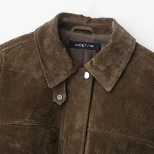 Dark brown faux suede aviator jacket with classic lapel collar and silver metal snaps