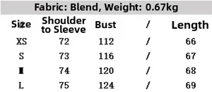Size chart showing fabric blend, weight, and detailed garment measurements for short jacket
