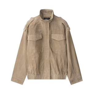 Vintage Women Suede Utility Jacket Khaki Standing Collar Workwear Jacket With Epaulettes Flap Pockets Elastic Hem Outerwear