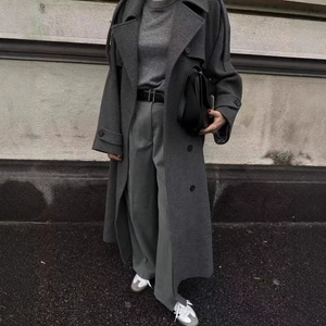 Classic dark grey wool coat with wide lapels and double-breasted design for women