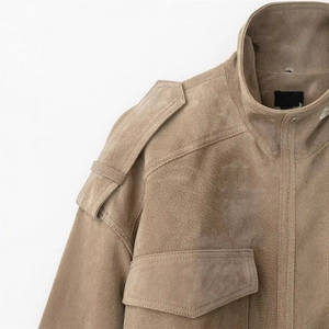 Faux suede jacket for women with epaulettes and flap pockets in a vintage khaki brown style