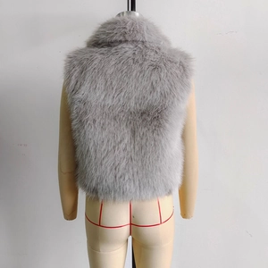 Back view of a grey faux fur vest with long plush texture and lapel collar design