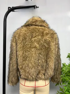 Detail shot of the back of a faux fur cropped jacket with realistic animal hair texture