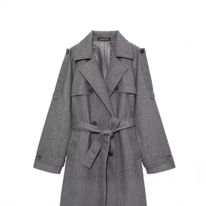 Classic grey wool blend double-breasted coat with waist belt and epaulette details
