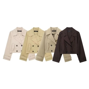 Women's Casual Double Breasted Short Trench Coat Jacket With Lapel Collar And Cuff Straps Elegant Loose Fit Outerwear Top