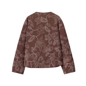 Veste matelassée marron avec broderie florale blanche et col rond pour femme