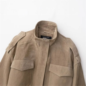 Vintage khaki suede jacket with high collar and shoulder epaulettes for women