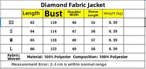 Size chart for rhinestone round neck jacket with detailed XS-L measurements and material
